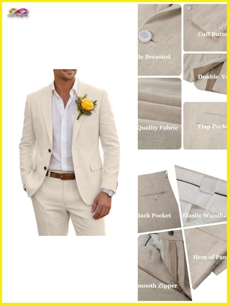 Men's 2 Piece Linen Suit Set Slim Fit Blazer Pants For Summer Beach Wedding